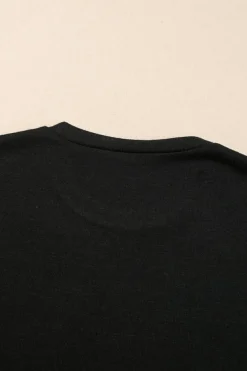 Hot Dear-Lover Ribbed Splicing Sleeve Round Neck T-shirt Black