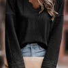 Discount Dear-Lover Ribbed Texture Lace Trim V Neck Long Sleeve Top Black