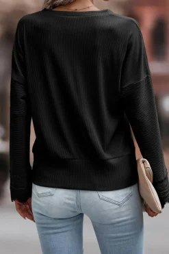 Discount Dear-Lover Ribbed Texture Lace Trim V Neck Long Sleeve Top Black