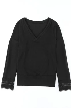 Discount Dear-Lover Ribbed Texture Lace Trim V Neck Long Sleeve Top Black