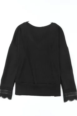 Discount Dear-Lover Ribbed Texture Lace Trim V Neck Long Sleeve Top Black