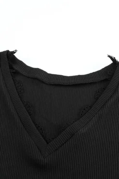 Discount Dear-Lover Ribbed Texture Lace Trim V Neck Long Sleeve Top Black