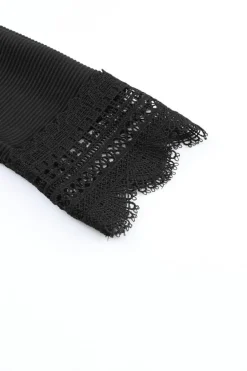 Discount Dear-Lover Ribbed Texture Lace Trim V Neck Long Sleeve Top Black