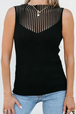 Outlet Dear-Lover Ribbed Texture Mesh Cutout Knitted Sweater Vest Black