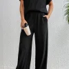Online Dear-Lover Ribbed Texture Side Split Loose Tee and Pants Set Black