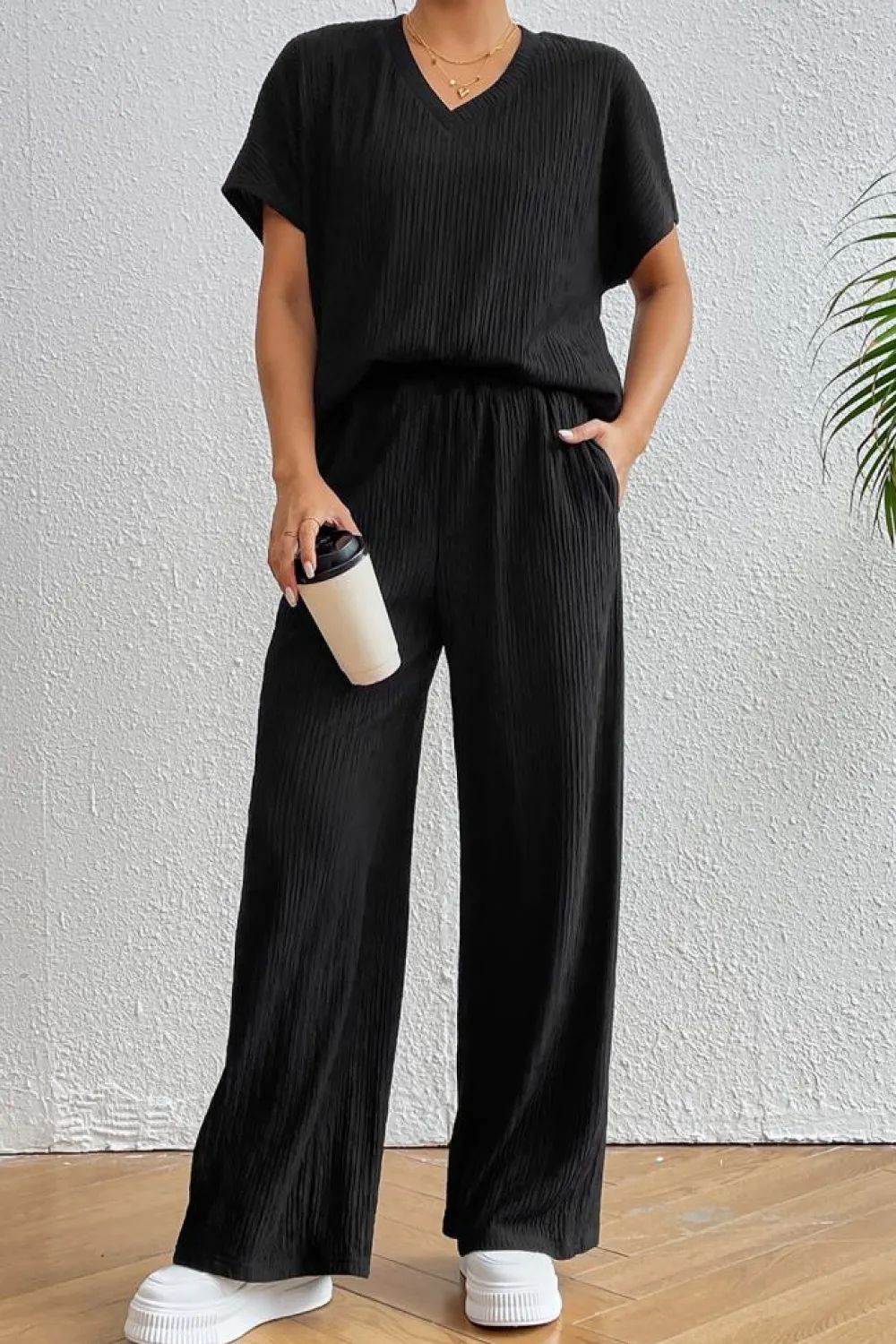 Online Dear-Lover Ribbed Texture Side Split Loose Tee and Pants Set Black
