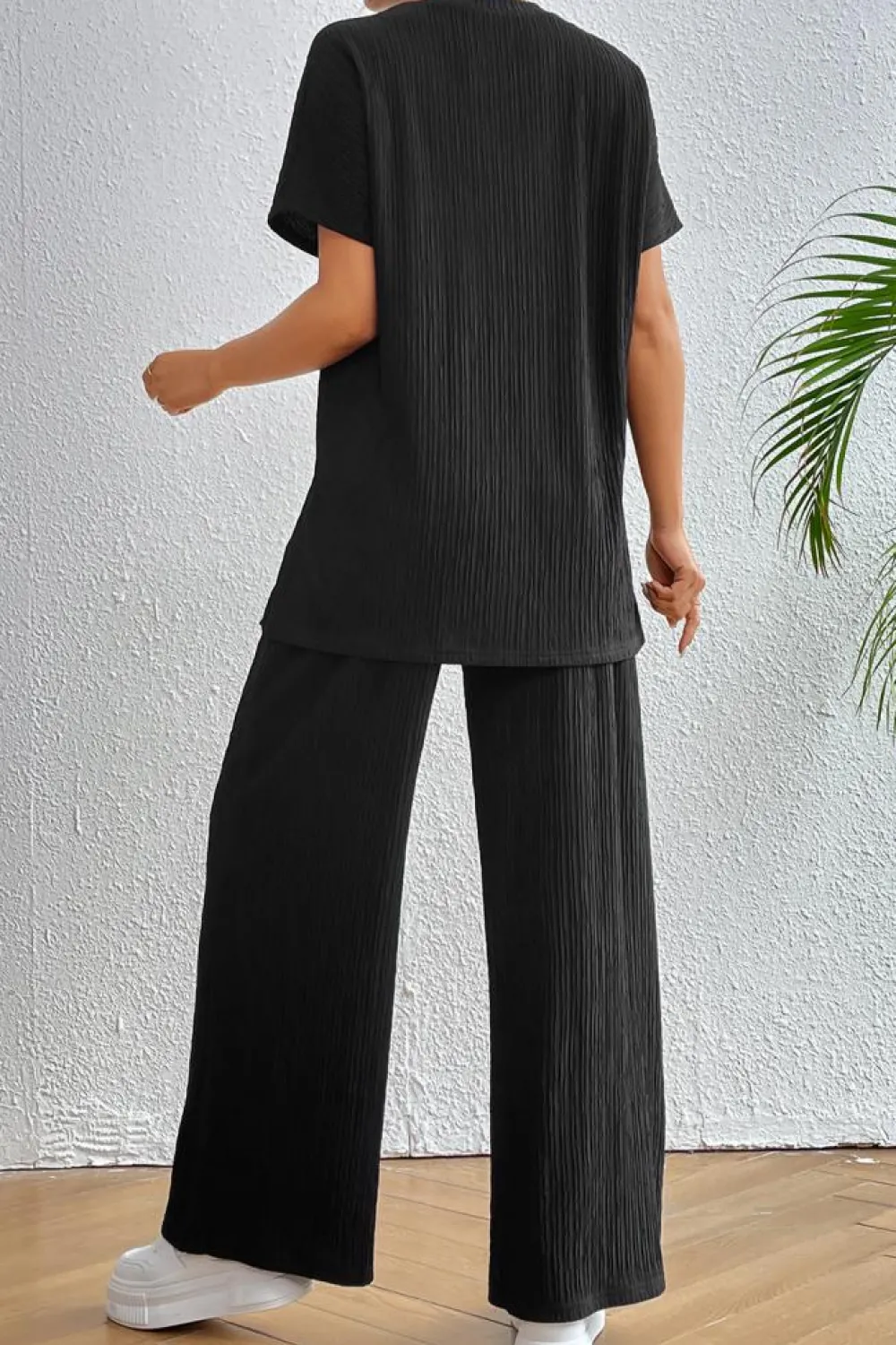 Online Dear-Lover Ribbed Texture Side Split Loose Tee and Pants Set Black