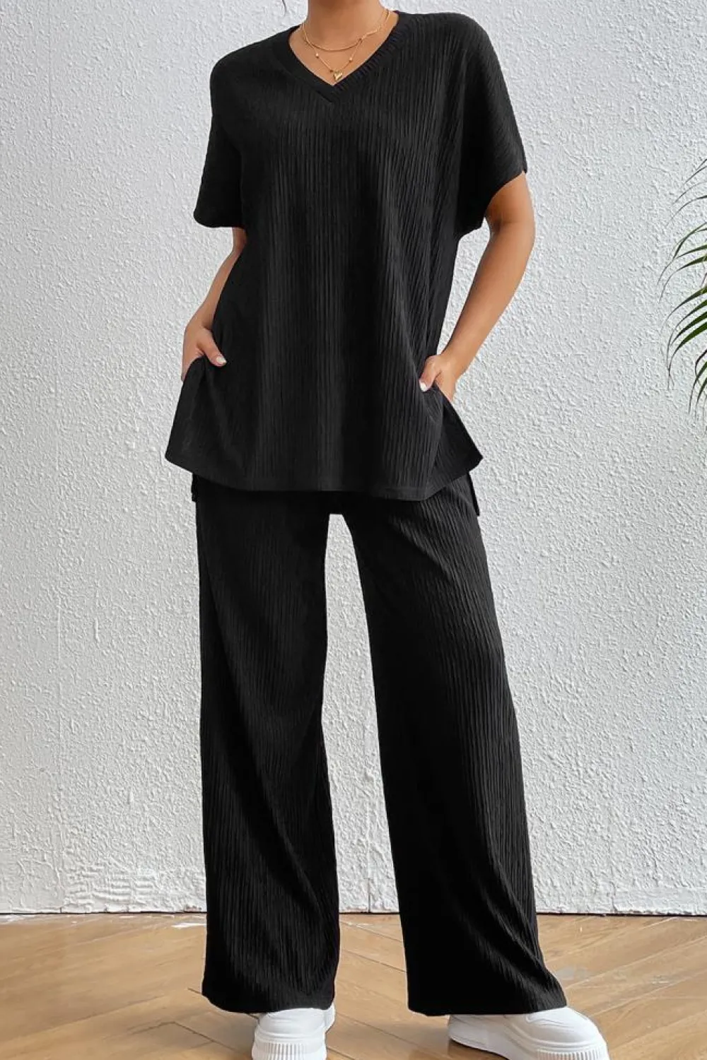 Online Dear-Lover Ribbed Texture Side Split Loose Tee and Pants Set Black