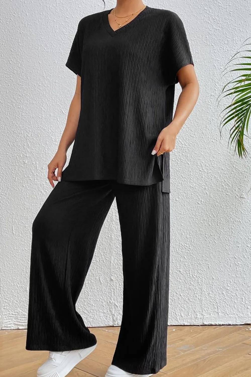 Online Dear-Lover Ribbed Texture Side Split Loose Tee and Pants Set Black