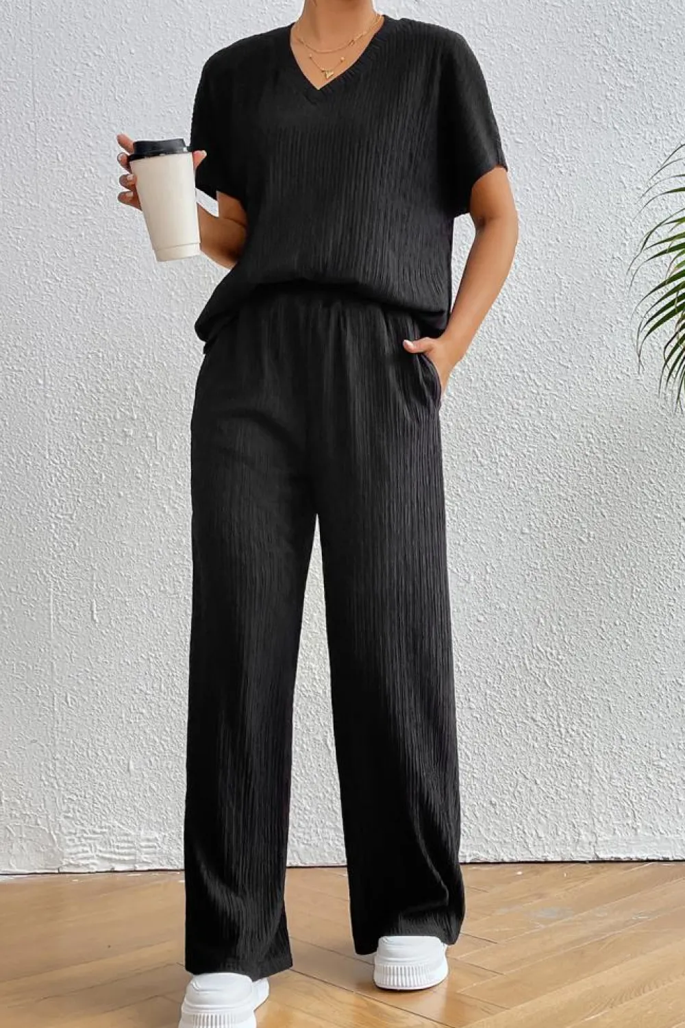Online Dear-Lover Ribbed Texture Side Split Loose Tee and Pants Set Black