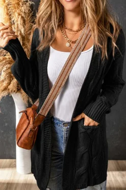 Hot Dear-Lover Ribbed Trim Eyelet Cable Knit Cardigan Black