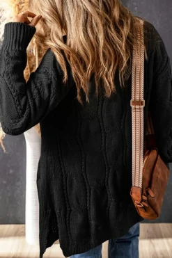 Hot Dear-Lover Ribbed Trim Eyelet Cable Knit Cardigan Black