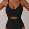 Fashion Dear-Lover Ric Rac Trim Contrasted Patchwork Cutout One Piece Swimsuit Black