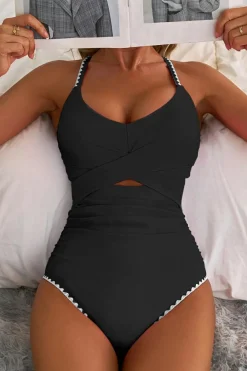 Fashion Dear-Lover Ric Rac Trim Contrasted Patchwork Cutout One Piece Swimsuit Black