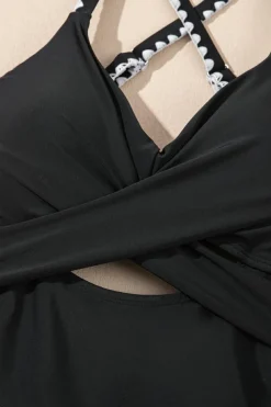 Fashion Dear-Lover Ric Rac Trim Contrasted Patchwork Cutout One Piece Swimsuit Black