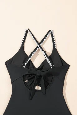 Fashion Dear-Lover Ric Rac Trim Contrasted Patchwork Cutout One Piece Swimsuit Black