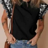 Hot Dear-Lover Ricrac Trim Printed Flutter Sleeve Contrast Patchwork Blouse Black
