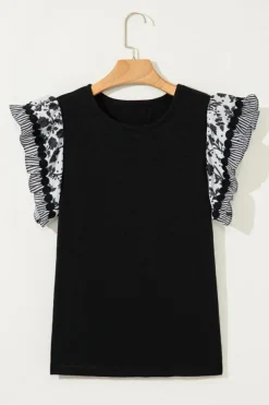 Hot Dear-Lover Ricrac Trim Printed Flutter Sleeve Contrast Patchwork Blouse Black