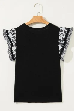 Hot Dear-Lover Ricrac Trim Printed Flutter Sleeve Contrast Patchwork Blouse Black