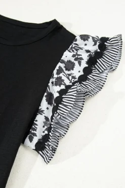 Hot Dear-Lover Ricrac Trim Printed Flutter Sleeve Contrast Patchwork Blouse Black