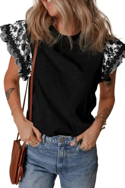 Hot Dear-Lover Ricrac Trim Printed Flutter Sleeve Contrast Patchwork Blouse Black