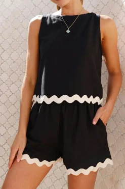 Fashion Dear-Lover Ricrac Trim Tank Top Elastic Waist Shorts Set Black