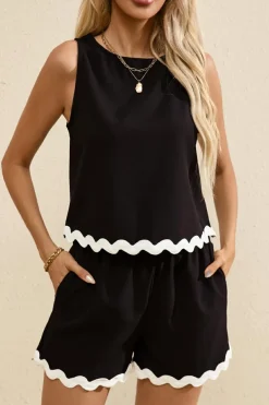 Fashion Dear-Lover Ricrac Trim Tank Top Elastic Waist Shorts Set Black