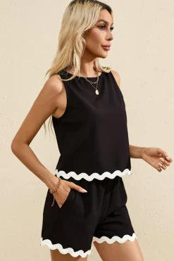 Fashion Dear-Lover Ricrac Trim Tank Top Elastic Waist Shorts Set Black