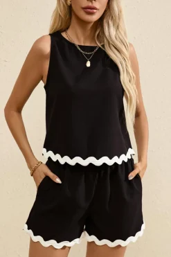 Fashion Dear-Lover Ricrac Trim Tank Top Elastic Waist Shorts Set Black