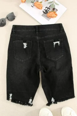 Discount Dear-Lover Ripped Tassel Bermuda Denim Shorts Black