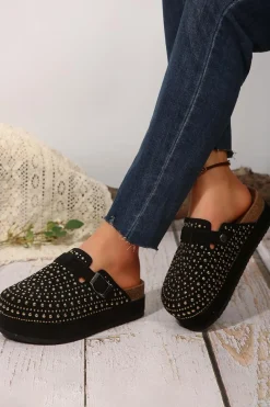 Discount Dear-Lover Rivet Buckle Closed Toe Platform Slippers Black