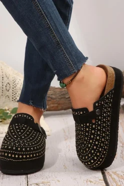 Discount Dear-Lover Rivet Buckle Closed Toe Platform Slippers Black