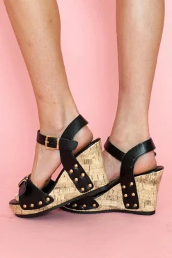 Clearance Dear-Lover Rivet Buckle Closure Wedge Sandals Black
