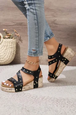 Outlet Dear-Lover Rivet Hollow Out Leather Wedge Sandals Black