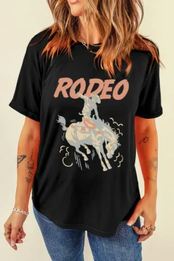 Fashion Dear-Lover RODEO Cowboy Graphic Crewneck T Shirt Black