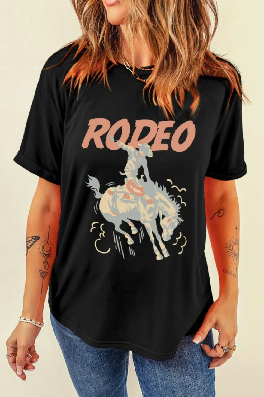 Fashion Dear-Lover RODEO Cowboy Graphic Crewneck T Shirt Black