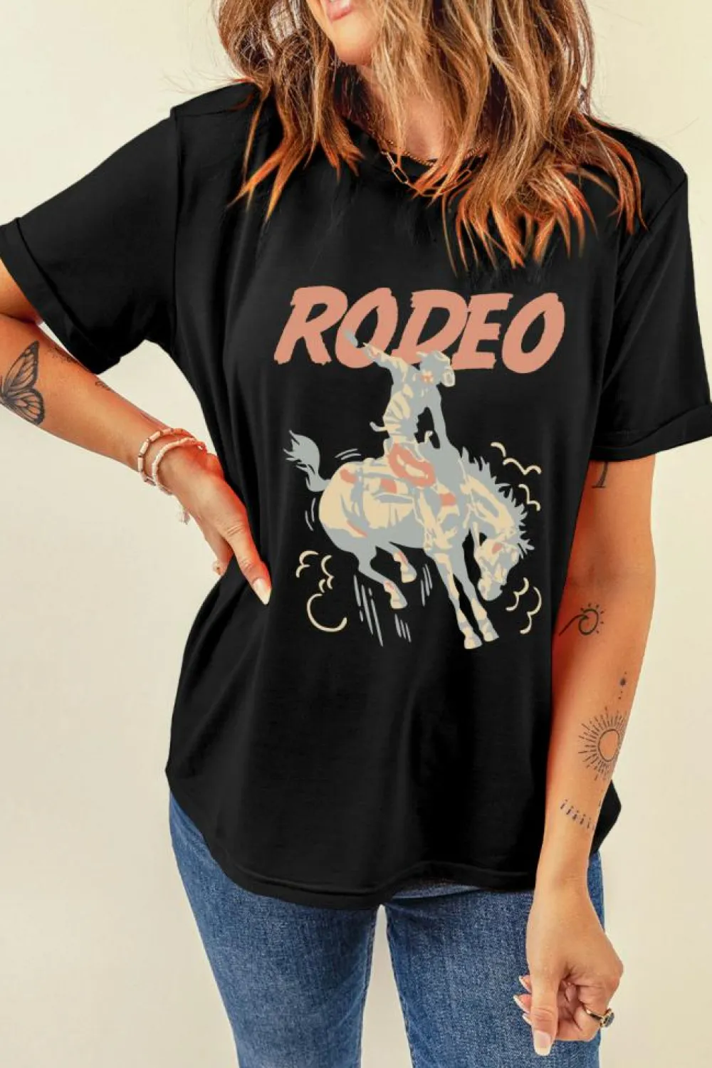 Fashion Dear-Lover RODEO Cowboy Graphic Crewneck T Shirt Black