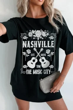 Clearance Dear-Lover Rose Guitar Nashville Music City Graphic Tunic T Shirt Black