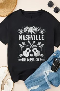 Clearance Dear-Lover Rose Guitar Nashville Music City Graphic Tunic T Shirt Black