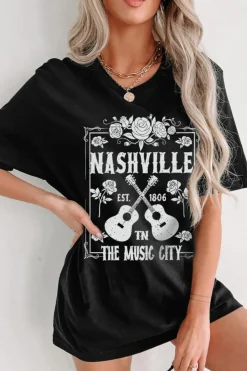 Clearance Dear-Lover Rose Guitar Nashville Music City Graphic Tunic T Shirt Black