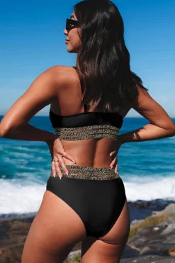 Outlet Dear-Lover Rose Leopard Mesh Trim 2pcs Bikini Swimsuit Black