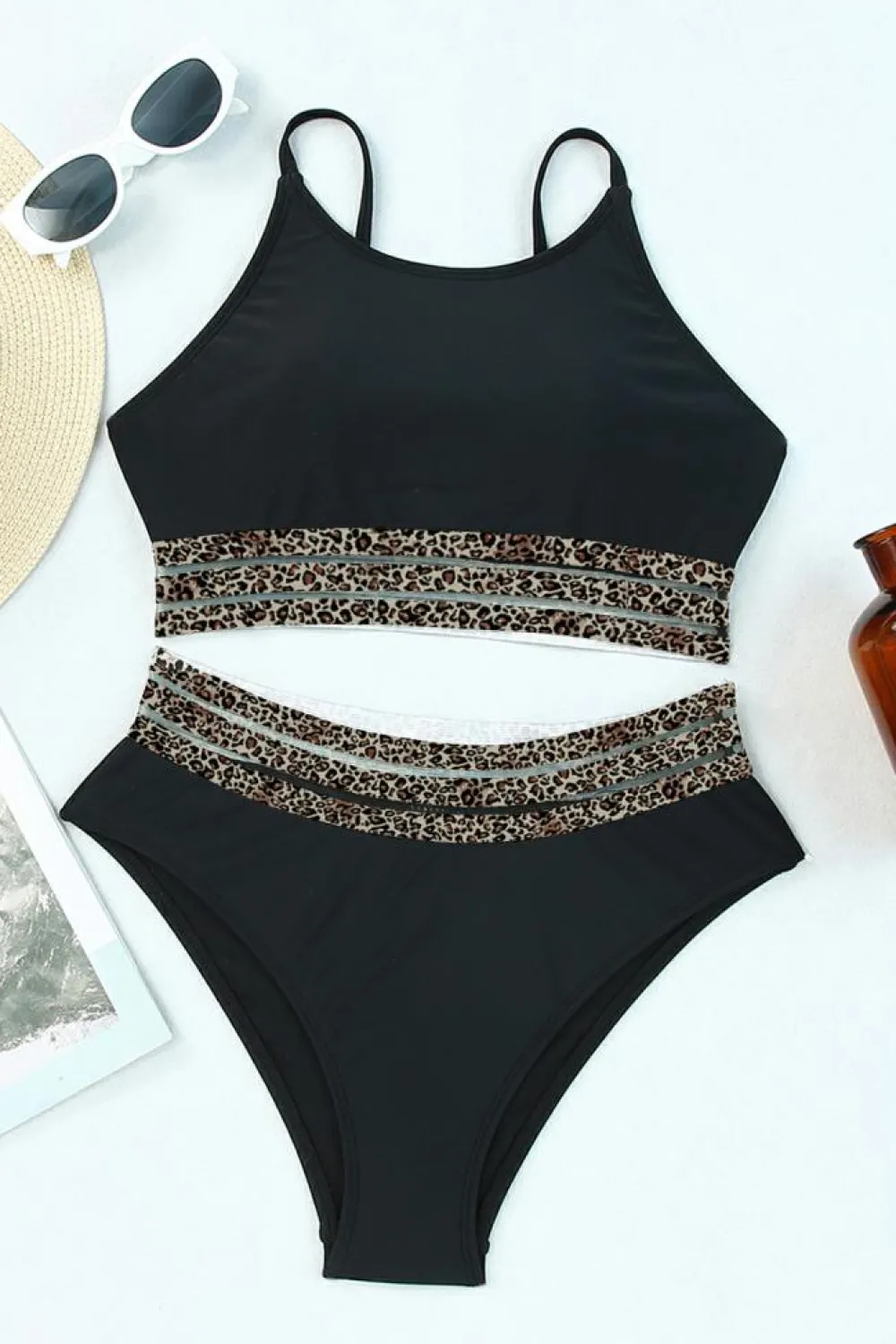 Outlet Dear-Lover Rose Leopard Mesh Trim 2pcs Bikini Swimsuit Black