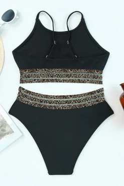 Outlet Dear-Lover Rose Leopard Mesh Trim 2pcs Bikini Swimsuit Black