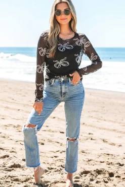 New Dear-Lover Round Neck Bow Print Long Sleeve Mesh Top Black