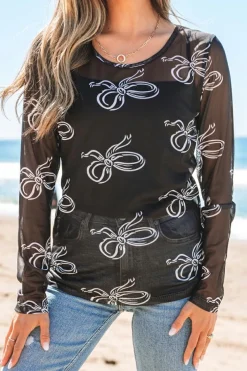 New Dear-Lover Round Neck Bow Print Long Sleeve Mesh Top Black