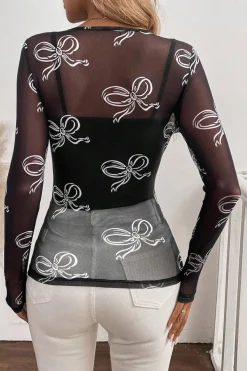 New Dear-Lover Round Neck Bow Print Long Sleeve Mesh Top Black