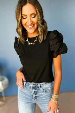 Best Dear-Lover Ruched Puff Sleeve Crew Neck Tee Black
