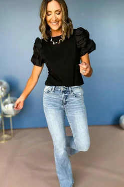 Best Dear-Lover Ruched Puff Sleeve Crew Neck Tee Black
