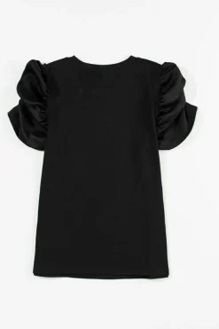 Best Dear-Lover Ruched Puff Sleeve Crew Neck Tee Black