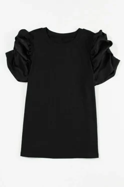 Best Dear-Lover Ruched Puff Sleeve Crew Neck Tee Black